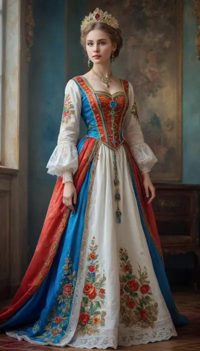 Full-length portrait of a Russian beauty in a national costume, lace filigree of bright, saturated color. Very clear, highly detailed watercolor, glaze technique, as well as colored alcohol ink in the style of V. Vasnetsov.