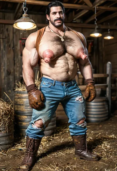 Picture of a big beefy 55-years-old daddy man, macho male, (daddy old:1.4), turkish man, excessive hairy chest, (hairy chest:1.7), black hair, thick black mustache, big mouth, big lips, brow skin, (turkish:1.5), muscles, big pecs, (rond pecs:1.5), big nipples, (big nipples:1.7), sexy hot man, wearing tight ripped dirty jeans, underwear, low-waisted jeans, loose brown tank-top, necklace, rubber boots, brown leather mittens, dirty skin, stands in stable, straw, darklights, low lights, fantasy, cinematic, sexy solo man, full lenght body view, full view, only man, no woman, angry face, rage face, DIRTY, RUBBER, BOOTS, <lora:DIRTY_RUBBER_BOOTS:.9>
