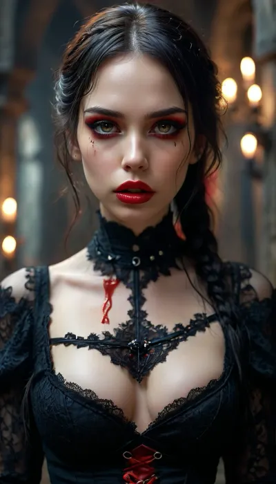 (((Virginia Vixx))), 30 years old, long straight raven hair, braids, glowing predatory blood red eyes, blood red lips, (lip gloss:1.3), starved look, pastey pale white skin, gaunt features, black off the shoulder detailed Gothic dress with deep cleavage and blood red trim, black lace sleeves, large perfect breasts, slight hourglass figure, thin arms, mouth agape, long perfect fangs, snarling, eyes intense, brow furled, angry, menacing, lunging forward as if to bite, old dungeon, Perfect, Fangs, fangs, sharp, teeth, fang, vixx, <lora:SDXLFaeTastic2400:.6>, <lora:MJ52:.4>, <lora:Unfazed vampire - XL SDXL V1.0:.8>, <lora:vixx_virginia_SDXL-LoRA-prodigy-clip1-v071:2>