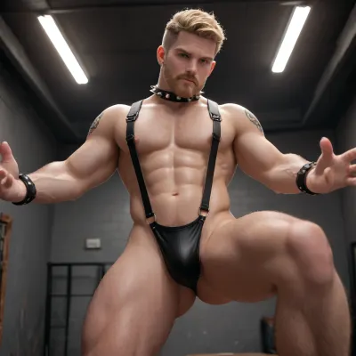 Muscular Hunks with spiked collar in tight thong and suspenders, spreading his hairy ass covered in cum, cybernetic goggles visor, digital heart, dark room neon bar, blonde buzzcut hair guy, very pale skin, freckles, shoulder length hair, thick beard, golden beard beard, golden eyebrows, golden sideburns, grumpy blushed, male only, metal arm, natural body hair, hairy legs, hairy chest, glowing tattoos, handsome eyes, perfect eyes, metal piercings, robotic arm, leather straps, realistic lighting, 4k quality, high-resolution, masterpiece, action shot, photorealistic, action pose, skinny lean slender body