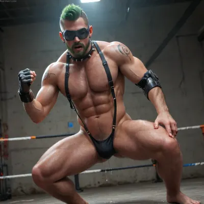 Muscular Hunks fucking doggystyle anus exposed, spiked collar in tight thong and suspenders, cybernetic goggles visor, digital heart, dark room neon bar, covered in excessive cum dripping all over his face, mohawk guy, green hair, green beard, green sideburns, pale grey skin, thick beard, beauty, open mouth shocked and surprised, pointing, sideview legs, male only, gay hunk, metal arm, natural body hair, hairy legs, hairy chest, glowing tattoos, handsome eyes, perfect eyes, metal piercings, robotic arm, leather straps, realistic lighting, 4k quality, high-resolution, masterpiece, action shot, photorealistic, action pose, skinny lean slender body, @hrypctls1, hairy, chest, mad-2cbrrm, mad-1cbrrm, <lora:add-detail-xl:1>, <lora:@hrypctls1.v1.concept.sdxl_epoch_3:1.2>, <lora:255700_training_data:.8>, <lora:Neon_Cyberpunk_Cyberarm_SDXL:.8>