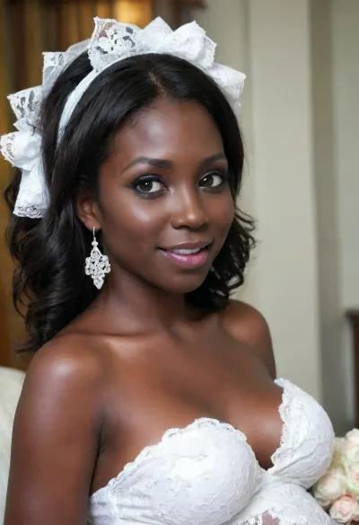 42 year old milf bride, (completely black skin:1.8), puffy, nipples, dark, ghost, <lora:Nipples XL:.8>, hyperrealistic, slutty lacy bridal white dress, wide hips, lift, <lora:skirtLift:.8>, lacy mini gstring, (14 weeks pregnant)