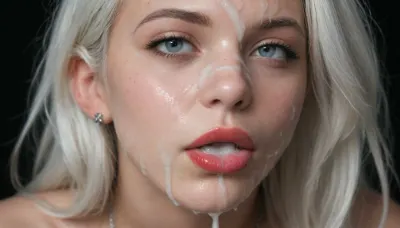 (Macro photo), (extreme close up:1.2), front view, Photorealistic, high resolution, professional photography, close-up of lips, red lipstick, short smooth blonde bobcut hair, topless, cum dripping from chin, tongue sticking out, black background., (Cum details), realistic cum, Prominent cum, (white cum:1.7), cum on, (Cum flows:1.2), (cum on body:1.3), cum on head, (cum on face:1.3), bukkake, ((body covered with semen)), cum, face, Face covered in cum, (A lot of cum:1.5), <lora:JustCum:.9>, <lora:cum_in_eye_deepmind:.9>