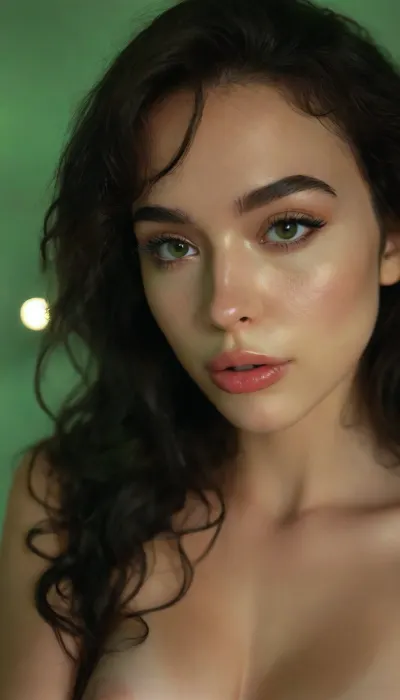 8k, score_9, score_8_up, score_7_up, dramatic chiaroscuro, green walls, neon lights, award winning portrait of a beautiful woman, macro photo, focus on face, thick eyebrows makeup, sultry eyes makeup, big lips, long black wavy hair, bright light reflects on her soft skin, raw flashlight, overexposed, soft shadows, cinematic lighting, igbaddie, <lora:MJ52:.8>, <lora:igbaddie-XL:.8>, <lora:detailed_notrigger:.8>