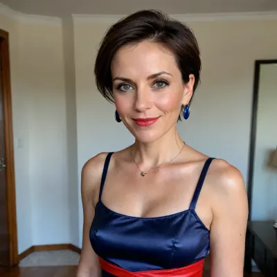 one woman 40 year old, short hair, litle smiling, satin top few red and blue, leather skirt black and litle blue, large circle earring, no makeup, large necklace, small heels, in small house, perfect lips, 8k, back view, perfect fingers, HDR photo, best quality, ultra-detailed, masterpiece, finely detail, highres, 8k wallpaper, photorealistic, perfect illumination, best shadow, best shot, soft lighting, bhands, little hands, perfect eyes, Raw photo, 8k uhd, high quality, high resolution, professional photography, photorealism, realistic 4k epic detail, shot on kodak, 35mm photo, sharp focus, high budget, cinemascope, moody, epic, gorgeous, film grain, grainy, score_9, score_8_up, score_7_up, rating, explicit