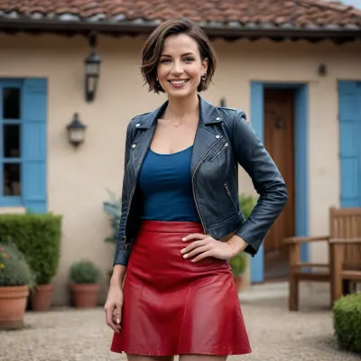 cinematic view of full body of one woman 40 year old, short hair, litle smiling or laughing, brune with litle Highlights in hair, generous breast 36C, wear open detailed leather jacket, detailed, detailed satin top few red and blue, detailed very long leather skirt black and litle blue, large circle earring, no makeup, perfect smokey eye, large necklace, small heels, engagement ring, alliance, Wedding ring, in front of small french house, The woman dances gracefully, perfect lips, 8k, back view, perfect fingers, HDR photo, best quality, ultra-detailed, masterpiece, finely detail, highres, 8k wallpaper, photorealistic, perfect illumination, best shadow, best shot, soft lighting, bhands, little hands, perfect eyes, Raw photo, 8k uhd, high quality, high resolution, professional photography, photorealism, realistic 4k epic detail, shot on kodak, 35mm photo, sharp focus, high budget, cinemascope, moody, epic, gorgeous, film grain, grainy, score_9, score_8_up, score_7_up, rating, explicit