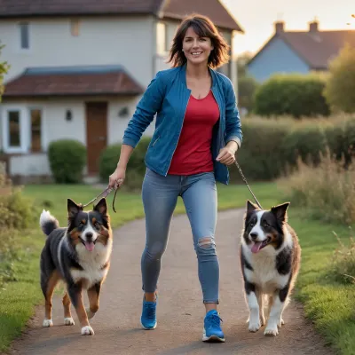 cinematic view of full body of one woman 40 year old, (dark hair, medium-length bob with bangs), woman is playing with her dog on country lane, weather is sunset in summer, litle smiling or laughing, brune with litle Highlights in hair, large breast, generous breast, wear open detailed sport jacket, detailed, detailed shirt few red and blue, detailed long sport short black and litle blue, large circle earring, no makeup, perfect smokey eye, large necklace, running shoes, engagement ring, alliance, Wedding ring, in front of small french house, The woman run gracefully with dog Australian Shepherd, perfect lips, 8k, back view, perfect fingers, HDR photo, best quality, ultra-detailed, masterpiece, finely detail, highres, 8k wallpaper, photorealistic, perfect illumination, best shadow, best shot, soft lighting, bhands, little hands, perfect eyes, Raw photo, 8k uhd, high quality, high resolution, professional photography, photorealism, realistic 4k epic detail, shot on kodak, 35mm photo, sharp focus, high budget, cinemascope, moody, epic, gorgeous, film grain, grainy, score_9, score_8_up, score_7_up, rating, explicit