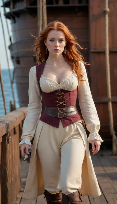 cinematic view of full body of one woman 30 year old, (ginger, straigh long hair), woman walking on an old wooden ship deck, galleon deck, weather is sunset in summer, concentrated face, ginger with litle Highlights in hair, average breasts, wear pirate beige dress with long sleeves, long dress reaching down to the knees, detailed, detailed light brown underbust corset with light gold decoretions, (detailed bordeaux buccaneer sash:1.1), (leather belt with a sword:1.2), detailed gold belt, light brown knee-high boots, tricorn hat, sexy light makeup, large gold earrings, a set of gold necklaces, The woman walks with determination, perfect lips, 8k, back view, perfect fingers, HDR photo, best quality, ultra-detailed, masterpiece, finely detail, highres, 8k wallpaper, photorealistic, perfect illumination, best shadow, best shot, soft lighting, bhands, little hands, perfect eyes, Raw photo, 8k uhd, high quality, high resolution, professional photography, photorealism, realistic 4k epic detail, shot on kodak, 35mm photo, sharp focus, high budget, cinemascope, moody, epic, gorgeous, film grain, grainy, score_9, score_8_up, score_7_up, rating, explicit