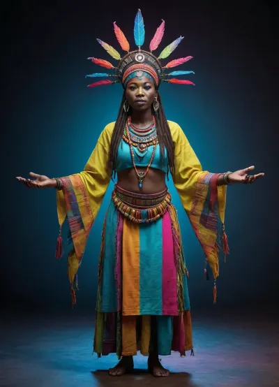 African, ((female shaman)), in neon color, full-length photo, half-turn view full body view.