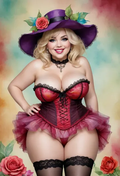 (aquarelle illustration:1.4), (alcohol ink:1.5), caricature, (chibi:1), obese, chubby, mature, russian blonde bimbo, playful flirt, seductive smile, wearing, flowers hut, corset, decollete, tutu, stockings, lace chocker, vibrant colors