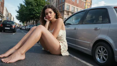 Cinematic POV, 35mm wide angle, golden hour. One female giant, 50-feet-tall, sits in the middle on a wide boulevard, fills the street, 40 years old, bored, leans against a small car, pedestrians in the foreground run, blocks traffic, cars stopped. lora, 344546_training_data, 1.5>, giant, miniature, person, cramped, <lora:loha_giants_shrinks-tokens_see_civitai_page-0.8_weight-by_AI_Characters:1.7>