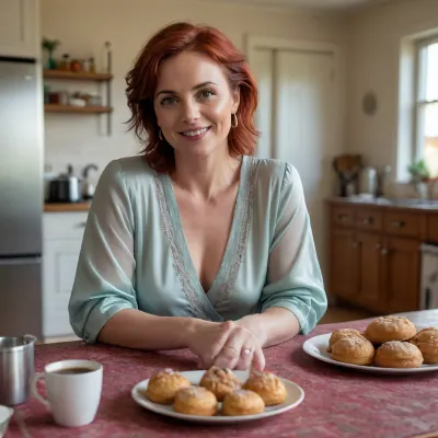 cinematic view of full body woman 40 year old, woman is red hair, woman standing in front of table Prepare french breakfast Pastries on kitchen table, short hair, hour is 5AM, litle smiling or laughing, detailed satin nightgown, detailed skin, large circle earring, no makeup, perfect smokey eye, large necklace, engagement ring, alliance, Wedding ring, Australian Shepherd dog is sleeping on carpet, perfect lips, 8k, perfect fingers, HDR photo, best quality, ultra-detailed, masterpiece, finely detail, highres, 8k wallpaper, photorealistic, perfect illumination, best shadow, best shot, soft lighting, bhands, little hands, perfect eyes, Raw photo, 8k uhd, high quality, high resolution, professional photography, photorealism, realistic 4k epic detail, shot on kodak, 35mm photo, sharp focus, high budget, cinemascope, moody, epic, gorgeous, film grain, grainy, score_9, score_8_up, score_7_up, rating, explicit, view full body