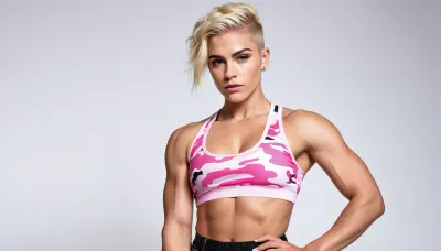 queer non-binary tomboy masculine androgynous girl, very muscular, large biceps, very short shaved blonde hair with undercut, piercings, full-body view, sexy outfit, high contrast, high quality details, armpits, pink camouflage outfit with long pants and transparent top, veins, masculine jaw, dominant, muscular shoulders, white plain background, ((very flat tiny boobs)), thick straight eyebrows