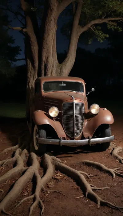 An old, rust-colored car sits on a bed of large, gnarled tree roots by night. The car has a dark, reddish-brown color with visible signs of age and wear, such as rust and weathering. The headlights shine and emit a warm glow. The car is a classic model from the 1920s. Large, detailed tree roots spread beneath the car, partially obscuring the ground. The roots are painted in rich brown and beige, almost appearing like a textured element. The car sits on a cracked, light brown surface reminiscent of dried earth or old parchment paper. The overall style is dark, dramatic, and gothic, with detailed, almost painterly brushstrokes emphasizing texture and shadow.. Three levels. night vision, soft fokus, parallax, overexposure. /©KlTTY-ART/