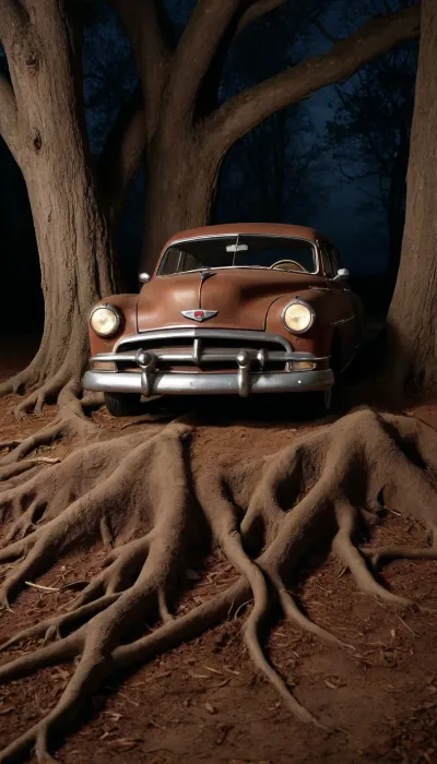 An old, rust-colored car sits on a bed of large, gnarled tree roots by night. The car has a dark, reddish-brown color with visible signs of age and wear, such as rust and weathering. The headlights shine and emit a warm glow. The car is a classic model from the 1950s. Large, detailed tree roots spread beneath the car, partially obscuring the ground. The roots are painted in rich brown and beige, almost appearing like a textured element. The car sits on a cracked, light brown surface reminiscent of dried earth or old parchment paper. The overall style is dark, dramatic, and gothic, with detailed, almost painterly brushstrokes emphasizing texture and shadow.. Three levels. night vision, soft fokus, parallax, overexposure. /©KlTTY-ART/