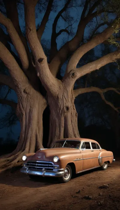 An old, rust-colored car sits on a bed of large, gnarled tree roots by night. The car has a dark, reddish-brown color with visible signs of age and wear, such as rust and weathering. The headlights shine and emit a warm glow. The car is a classic model from the 1950s. Large, detailed tree roots spread beneath the car, partially obscuring the ground. The roots are painted in rich brown and beige, almost appearing like a textured element. The car sits on a cracked, light brown surface reminiscent of dried earth or old parchment paper. The overall style is dark, dramatic, and gothic, with detailed, almost painterly brushstrokes emphasizing texture and shadow.. Three levels. night vision, soft fokus, parallax, overexposure. /©KlTTY-ART/
