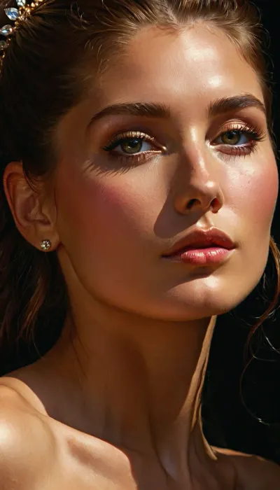 [digital painting by, (Lee Bogle and Arkhip Kuindzhi in the style of Nicolas de Stael and Charlie Bowater:1.2)], (high detail raw amateur color photo:.99), of a girl's face and cleavage, (large eyes, smirking, viewed from an angle:.8), tiara, brunette_ponytail, [], perfect hazel amber eyes, realistic skin detail, skin pores, topless, close up shot, raw, puffy pink nipples, nipple detail, erect nipples, (colorful:.65), ultra realistic, cinematic lighting, dynamic pose, an interplay of light and shadows, artsy, love, psychedelic, trip, <lora:love:2>, <lora:psychedelic_trip:.8>