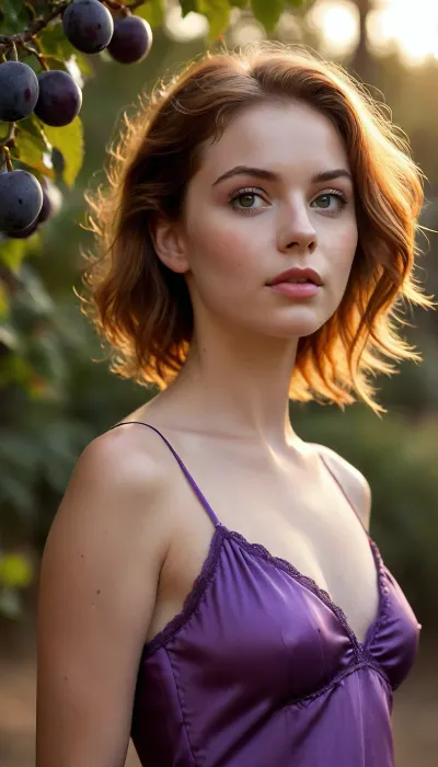 Stunningly beautiful English woman, she is short. purple full length nightie blowing in the breeze, with fine spaghetti straps, no sleeves, the thick satin is shiny.
tiny perky breast, small breast profile is visible. Flat chested. close up view, head and shoulders shot only, she stands next to plumb trees, the trees are ladened with large round ripe purple fruit, she is tending the plumbs, so many plumbs. golden sunset light, obvious Freckled, Sun kissed skin. skin texture and hair follicles are visible. 20 years old, short auburn hair, hair pulled back tightly. looking lovingly at the camera. Hollywood ‘A lister’ looks. She strikes a Hollywood actress pose, she is poser, one shoulder up and one down., <lora:Midjourney Image Enhancer XL v1:.5>