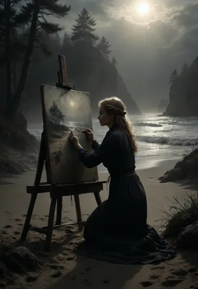 Illustration of a dynamic scene from 1890, super-realistic, ((double exposure)), ((picture in picture)), shows a thin, blonde German expressionist artist kneeling in front of a large wooden easel on canvas, depicting a Baltic Sea beach. Oil painting in the style of Expressionism, 1.2. The canvas depicts the fragrant Mecklenburg Baltic Sea coast, sand dunes, and pine forests. The artist holds a brush in perfect hand position, sitting on the Baltic Sea beach and painting on the canvas, turning towards the viewer. Bright, soft daylight, sharp details, 8K quality, flux-style, Black, and, white, art, black, shading, charcoal, toned, brutal, dark, b/w, color, scheme, <lora:add-detail-xl:.5>, <lora:aidmaFluxStyleXL-v0.2:.7>, <lora:Black and white art.V1:.4>, <lora:dark:.1>