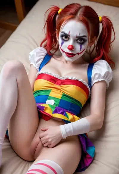 young beautiful girl 18 years old clown girl with big breasts, wearing a pulled-up dress without any underwear, laying on her back with spread legs, no panties, long striped socks, clown makeup, skinny, white face paint, detailed vagina, looking at the viewer, back long high twin multi-colored ponytails, excited, aroused, tack sharp, 4k, dslr