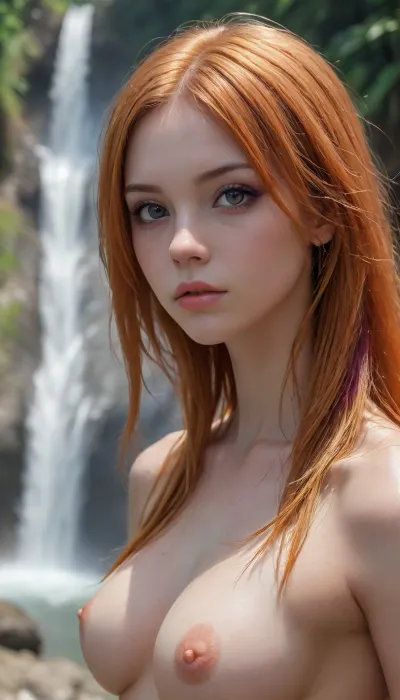 (wide shot:1.5), (beautiful 24 year old girl:1.4), (tiny tits:1.2), (nude:1.2), (long orange hair over one eye:1.5), (straight hair:1.4), (large volume of hair:1.6), (bright purple eyes:1.3), (petite muscular body:1.6), (thick thighs:1.5), (bubble butt:1.2), by a waterfall in the Amazon Jungle, Rainbowiridal, Spiral, rainbowiridal, palette, Shiny, Bright, Intense, gaze, Amber, woman, Genetically, modified..., <lora:Asian_Beauty XL:2>, <lora:Midjourney Image Enhancer XL v1:2>, <lora:HellJourney_XL_V1_universal:2>, <lora:405168_training_data:2>, <lora:Stunning_eyes_2:2>