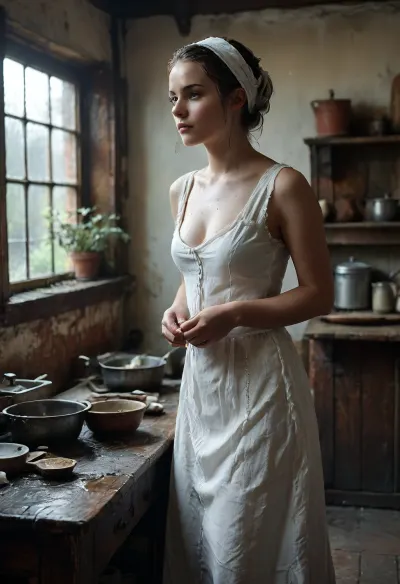 18 century, the young 18-year-old solo girl is working as helper in a castle kitchen, dressed in a long simple cotton dress and a headscarf, she is ultra sweaty, worn out, submissive, shy, ultra-flat-chested, exposing hard long erected nipples, (detailed perfect nipples in focus), joyful anticipation, looking to the viewer, (wet sweaty panties:1.6), FRESHIDEAS, Real, Photography, 2#, Black, and, white, art, black, shading, charcoal, toned, brutal, dark, b/w, color, scheme, <lora:FRESHIDEAS Real Photography 2#:.6>, <lora:Black and white art.V1:.1>, <lora:MJ52:.4>, <lora:add-detail-xl:.9>