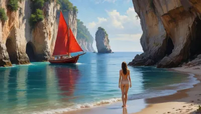 The oil painting is a masterpiece, Boris. A magnificent cave. Gigantic and intricate details. Sparkling pools with magical water. Bioluminescent crystals covering the cave walls. Garmash. Cotton. Tracks. Oil paint strokes. Surreal. Contours. Bright and surreal crystals and magical water, beautiful birds., (naked girls, on a wild beach in a secluded place, not shy, petite, standing by the water), a beautiful sailboat with scarlet sails sails towards them.