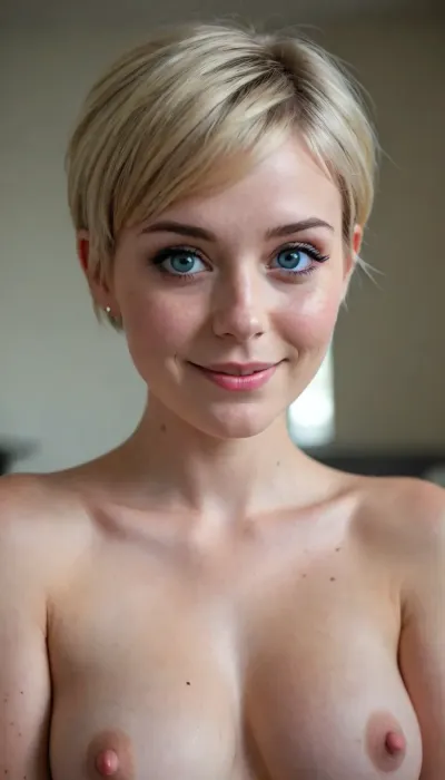 (attractive sexy 20-year-old woman, very pixie haircut, blonde hair, bangs, freckles, big blue eyes, thick eyebrows, black eyeliner, black eyeshadow, blush, slim body, undressed, nude, medium loose breasts, smiling)