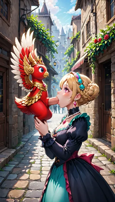 A digital illustration showcases two identical femboy characters dressed in ornate Victorian-style gowns, set against an outdoor cobblestone street backdrop during sunset or dawn. The character on the left faces slightly to the right with a slight smile, while the one on the right faces slightly to the left with a gentle smile. Both wear black dresses adorned with intricate gold embroidery, puffed white sleeves with ruffled cuffs, and elaborate lace details. The left dress features a prominent pink gemstone at the center, surrounded by gold trimmings, while the right dress has a central red rose embellishment accentuated by silver beading. Their outfits are complemented by black hats featuring wide white lace trims, colorful brooches, red feathers, and decorative tassels. Elegant drop earrings with teal stones and delicate pearl necklaces complete their attire. The background reveals a stone-paved street lined with classic lanterns emitting a warm glow, casting soft shadows and highlighting textures of both the figures and surroundings. The scene is bathed in natural daylight, creating a bright, well-exposed environment that emphasizes the regal atmosphere of the illustration. The overall composition captures a serene and elegant mood, with high contrast and saturation enhancing the visual appeal of this historical-inspired setting., <lora:DDBJon4_v1(v):.5>, blowjob, huge, <lora:SideBJ:.5>, sspll, <lora:sspll5:.5>, sidefellatio, fellatio, from, side, 1boy, penis, <lora:SideFellatio:.5>, corneo_side_deepthroat