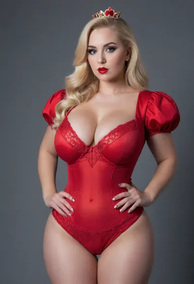 ((Queen of Hearts)), very full lips, red tight sexy lace dress, puff sleeves, straight blonde hair, thick eyebrows, supermodel eyeshadow, blue irises, (extremely wide hips:1.8), slim waist, black belt, (huge natural breasts:1.2), ((arrogant facial expression)), realistic photo