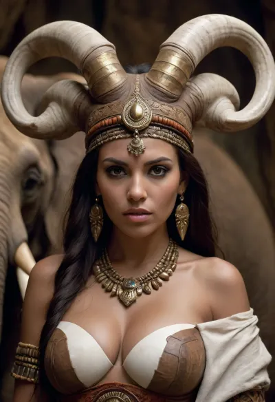 dark cave setting, woman with large breasts and tribal-style clothing, animal headpiece, (white elephant tusks), brown, gold, tan, darker brown, dark background, woman with exaggerated features, implied sexual tension, woman is dark-skinned.