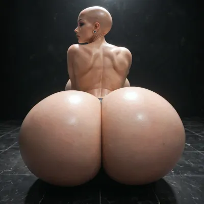 masterpiece, sexy robot doll, android, sexbot, bald robot cyberpunk, shiny chrome parts, cybernetic body, whide hips, ((massive ass:1.1)), ((massive breasts:.9)), thin waist, dark eyes, vacant look, medium view, eyes open, looking at the viewer, thick, wide hips, black room, (huge breasts:1), (massive ass:1.2), (wide_hips), solo_focus, sensual, seductive, parted lips, ((looking forward, VIEW FROM BEHIND)), four on the floor, all_fours, ass towards the viewer, ass up, black background., <lora:Allisfulloflove1024:1.4>