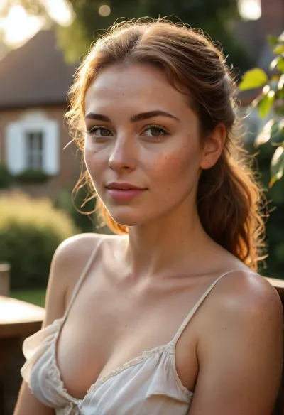 A beautiful English woman, sits gracefully in an English pub garden, A thatched Tudor style pub in the background, all bathed in the warm golden hues of a breathtaking sunset, (perfect face:1.5), (perfect nose:1.5), wearing a sleeveless nightie strapless, delicate fabric flowing in the soft evening breeze, gentle sunset light filter through the leaves, <lora:Midjourney Image Enhancer XL v1:.8>, short auburn hair blowing in the breeze, visible freckles, sun-kissed skin, 25 years old looking at the camera. Close up view, head and shoulders only. this hair pulled back into a short, ponytail, scrunched back hair. She looks lovingly at the person behind the camera. Sweating profusely on hot evening, wet skin.