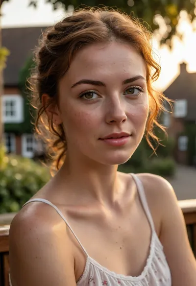 A beautiful English woman, sits gracefully in an English pub garden bench, A thatched Tudor style pub in the background, all bathed in the warm golden hues of a breathtaking sunset, (perfect face:1.5), (perfect nose:1.5), wearing a sleeveless nightie with spaghetti straps, delicate fabric flowing in the soft evening breeze, gentle sunset light filter through the leaves, <lora:Midjourney Image Enhancer XL v1:.8>, short auburn hair blowing in the breeze, visible freckles, sun-kissed skin, 25 years old looking at the camera. Close up view, head and shoulders, this hair pulled back into a short, ponytail, scrunched back hair. She looks lovingly at the person behind the camera. Sweating profusely on hot evening, wet skin