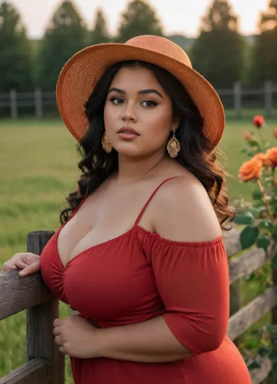 Portrait, Black fat 23 years old woman in a scene with&nbsp;A warm orange glow stretches across the field. Obese plumper, ROSA, stunning in her red rose hat, massive bust, gold earrings sparkling, leans casually against a wooden fence. Her golden eyes shimmer like fireflies at dusk. Her hair is long and wavy, fully dressed up, fully clothed