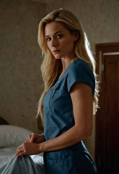 amateur photograph, nonnude ultra detailed, intricate details, (photorealistic:1.5), 8k, UHD, mobile phone photo style, dim light, contrast, tack sharp, (masterpiece:1), perfect large tits, slim body, wide shot of a nurse, 30 year old blonde wife, with big breast, long straight hair, No makeup, pale white skin, she wearing a blue scrub top, and blue scrub pants, at home getting ready