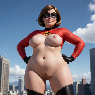 upview of Helen Parr from the incredibles, fully nude, chubby, just the mask and her boots, her hands on her hips, hairy pussy, dark pubic hair, standing triumphantly, looking at camera, legs spread wide, blue sky above