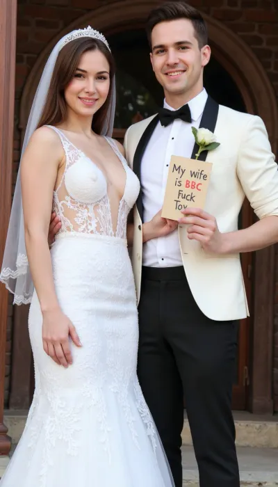 photo of a sexy iranian couple couple, persian super busty bride and groom, super sexy sheer ultra open deep v neck dress, and long lace wedding veil. on their wedding day in front of a church, smiling. Brown hair, The groom holds a handmade sign with text, "My wife is BBC Fuck Toy"., wedding, photo, groom, bride, <lora:female_beauty_v1_00:1.1>, <lora:wedding_photography_flux_lora:.8>