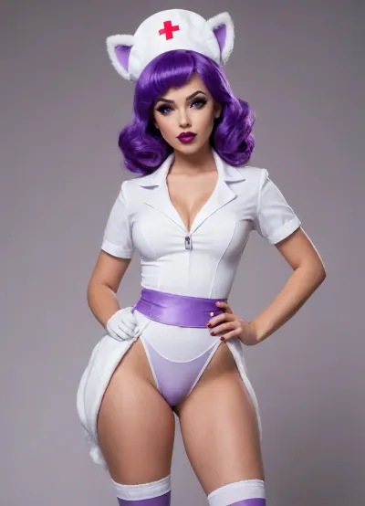 sexy toon female furry fox, fit body with wide lean hips, dressed as a nurse, full-body front view, plain background, (big purple lips:1.5), (makeup:1.4), artoflips, uoclips, lips, lipstick, art, of, <lora:Art_Of_Lips_PONY_XL_By_UOC:.8>