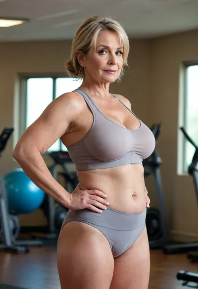 1/2 side view, 60 year old mature woman, (blonde hair with gray), beautiful face, blush, wrinkles, saggy, curvy hourglass body, large wide hips, big butt, erect nipples, (sports bra, yoga pents), see through clothes, seductive look, standing, large bulging puffy camel-toe, gym, full body, (FUPA)