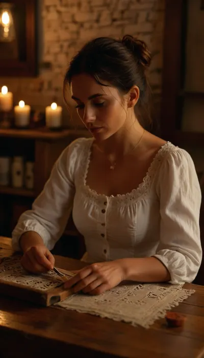 The image depicts a Maltese woman lacemaker sitting at a table engaged in crafting a delicate lace piece. The individual is focused on their work, using wooden weaving or lacing tools to create a detailed intricate design. The lace appears symmetrical and floral in shape with a layered ethereal texture. The setting is a cozy, rustic workspace with a brick wall in the background, wooden furnishings, and warm lighting. Nearby items include a basket with small objects and decorative jars, enhancing the artisanal and creative atmosphere. The person is dressed casually in a white button-down shirt. 8k, <lora:add-detail-xl:1.8>, <lora:MJ52:.5>