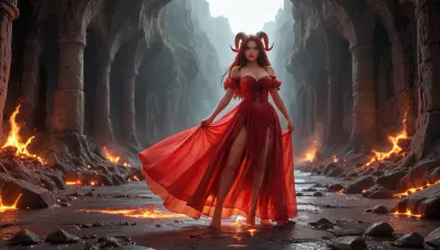 a small woman with big breasts in the hell, red skin, red underbust dress, in hell, lava lake, devil-dark long hair, horns on the head, goat feet, devil's tail, devils door, full body, monroesweet, 4ng3l, face, <lora:Katerina_Kozlova_AKA_Monroe_Sweet_V3:.8>, <lora:SDXL_BetterFaces-LoRA_v1:.8>