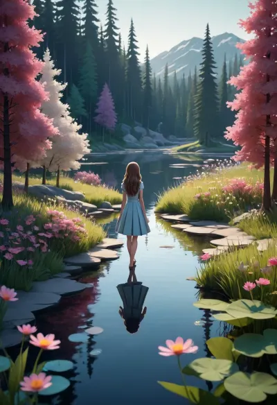 geometric, luminous shadow landscape, female cartoon figure, taiga, pond, flowers, dynamic, paper background, fairytale-like. /©KlTTY-ART/