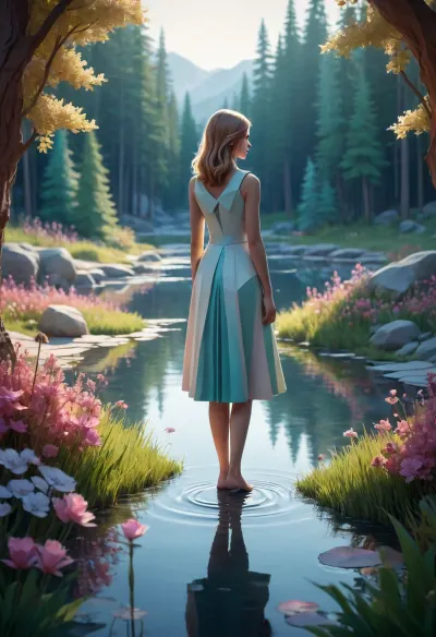 geometric, luminous shadow landscape, female cartoon figure, taiga, pond, flowers, dynamic, paper background, fairytale-like. /©KlTTY-ART/
