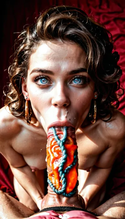 Cinematic still the viewer looks down at a submissive girl kneeling before them. She's gazing up with big, innocent eyes as she takes their cock deep into her throat. Saliva drips down her chin and onto her pert breasts as she gags and slobbers. The first-person perspective immerses the viewer in the sloppy, worshipful blowjob. 4k epic detail, shot on kodak, 35mm photo, sharp focus, high budget, cinemascope, moody, epic, gorgeous, film grain, grainy, score_9, score_8_up, score_7_up, rating, explicit, blowjob, POV, kneeling, submissive, big_eyes, deepthroat, saliva, gagging, slobber.