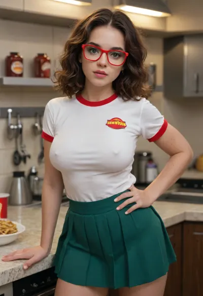 This is a highly detailed, set in a retro-style McDonald's kitchen. The central focus is on a voluptuous plump woman with fair skin, large breasts, and short straight brown hair, wearing a tight red McDonald's uniform with a yellow "M" logo, a white short-sleeve shirt, and a red glossy pleated skirt that reveals her pubic area. She has red-framed glasses and a slightly surprised expression. The background includes shelves with McDonald's packaging, a counter with condiments, and a soft, warm lighting. The image combines elements of realism with a slight, nostalgic, 1980s aesthetic
