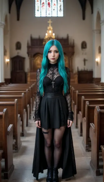 18 years old, goth girl, small and tiny long Turquoise haired Asian female model in a goth clothes in a church, {no panties}, anorexic, privates visible