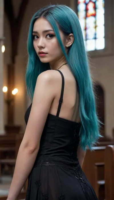 18 years old, goth girl, small and tiny long Turquoise haired Asian female model in a goth clothes in a church, posing lifting skóry, {no panties}, anorexic, privates visible