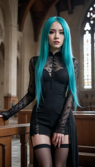18 years old, goth girl, small and tiny very long Turquoise haired Asian female model in a goth clothes in a church, posing lifting skóry, {no panties}, anorexic, showing pussy