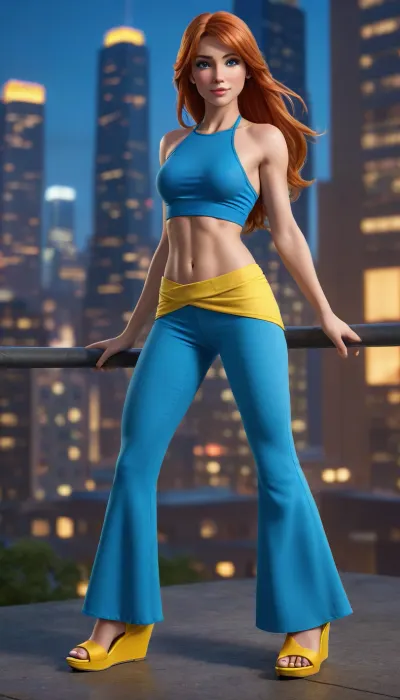 Bloom from Club Winx animated series, redhead, ((blue high neck halter top)), ((long low-rise Bell-bottoms, totally blue)), ((yellow wedge sandals)), completely human.

dramatic_pose_with_one_leg_forward, glowing_cityscape_at_night, powerful_stance, heroic_composition, confident_expression, vibrant_color_palette, epic_mood, young_lovely_face, <lora:uberfit_lora_sdxl:.1>, ((Photorealistic high quality picture)), photorealistic, hypersexualized, hypersensual, hyperfeminine, young lovely face